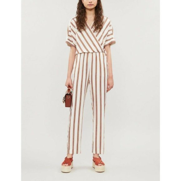 NWT Maje Pieni Stripe Jumpsuit Surplice V-Neck Straight Leg Cream Orange Brown S - Picture 1 of 7